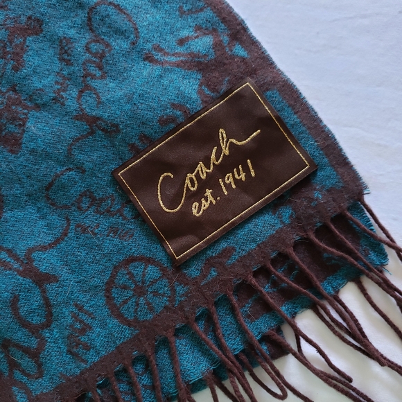 Like New Coach Teal & Brown Wool/Cashmere Scarf - Picture 2 of 7